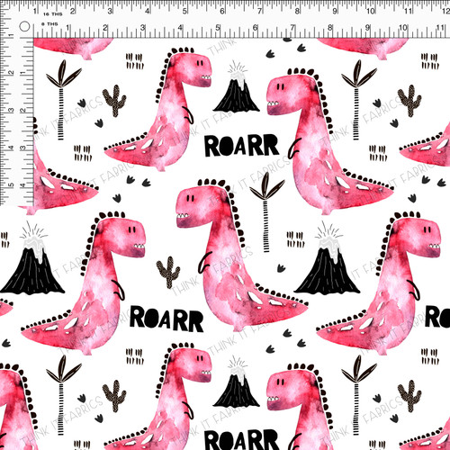 Pink, t-rex dinosaurs scattered on a white background, with black mountain motifs throughout with the word roar.