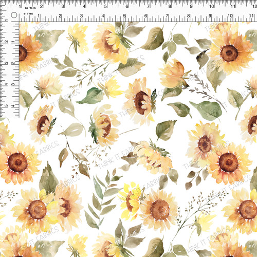 Water colored sunflowers on a white background with green foliage.