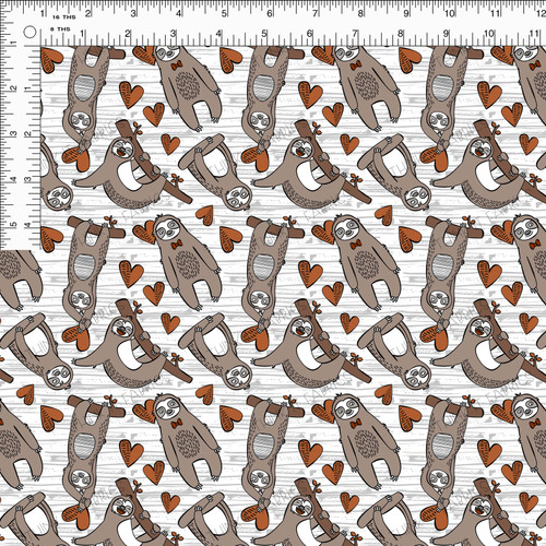 Sloths hanging from branches with hearts scattered throughout on a birch bark background.