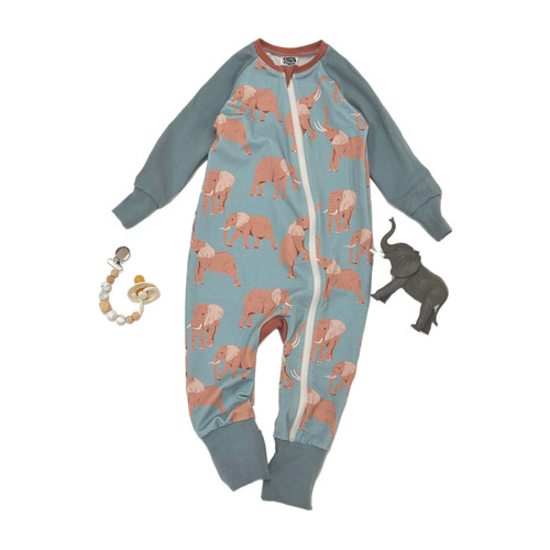 Elephants on Blue - Footie Cuff Romper