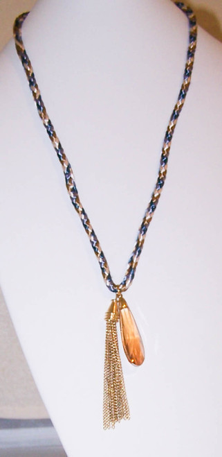P-48 golden crystal and tassel on braided cord necklace