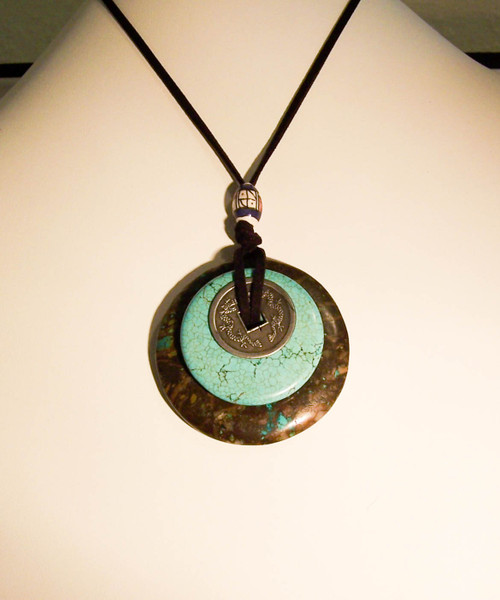 P-30 Turquoise and Magnesite Donuts Pendant Necklace on Suede Cord