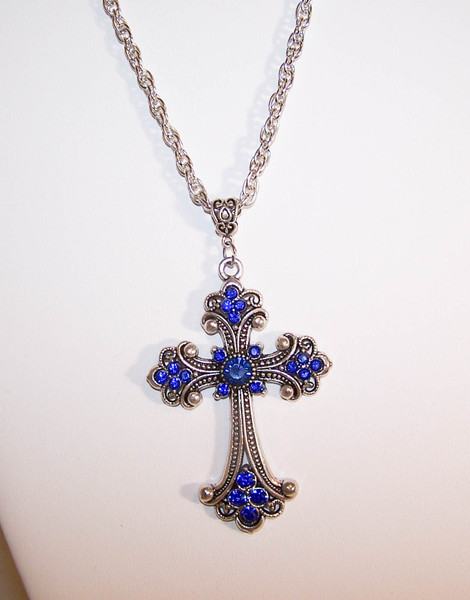 P-155 dark blue rhinestone cross pendant