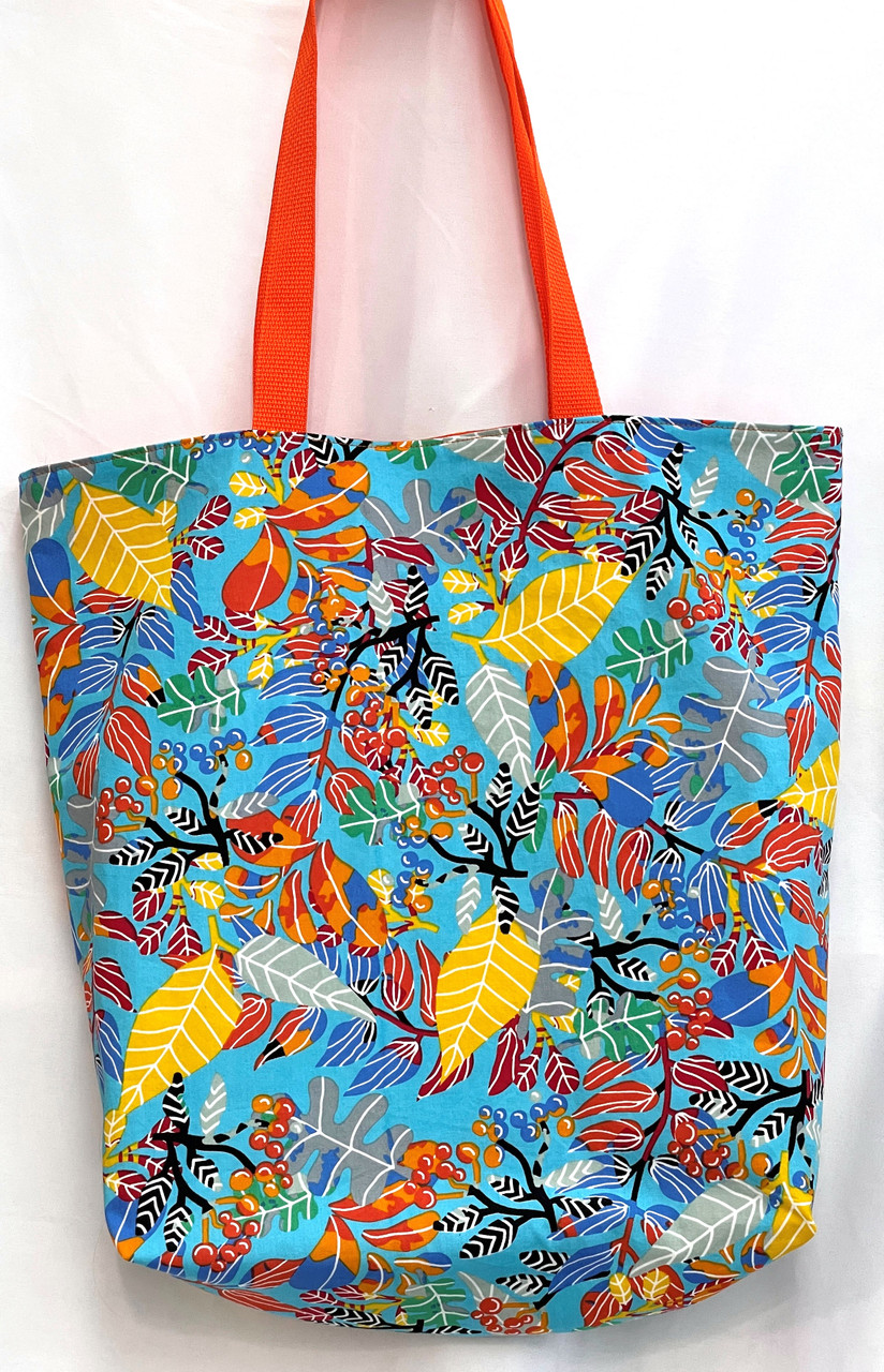 Colorful Leaves & Berries on Blue Shopping Tote Bag - Reusable, Washable,  Foldable and Reversible - New York Scent
