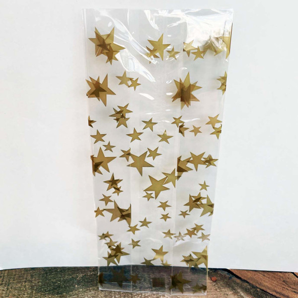 Gold Stars, 10 Printed Cello Treat Bags, 4" x 2.5" x 9.5"