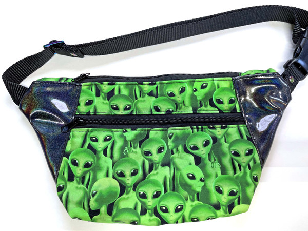 Aliens Fanny Pack with Space lining and Rainbow Iridescent Black Shimmer Vinyl, Buckle Strap fits 31"-51" Waist