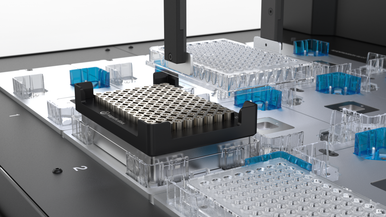 Close-up of the gripper module compatible with the Opentrons Flex. For moving labware around the deck of the robot without manual intervention.