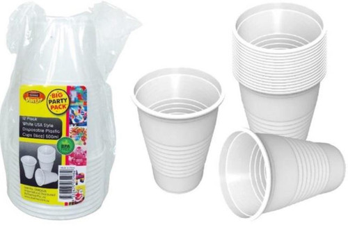 White USA Style Disposable Plastic Cups (16OZ) 500ML-12PK