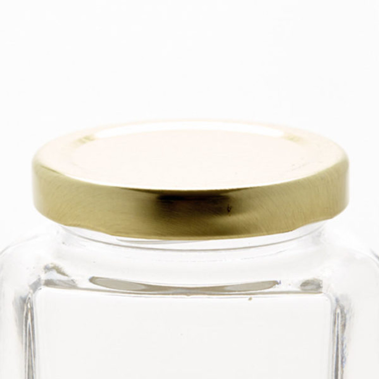 6oz Clear Glass Hexagon Jars (Gold Metal Lug Cap) - 12/Case, Clear Type III 58 Lug