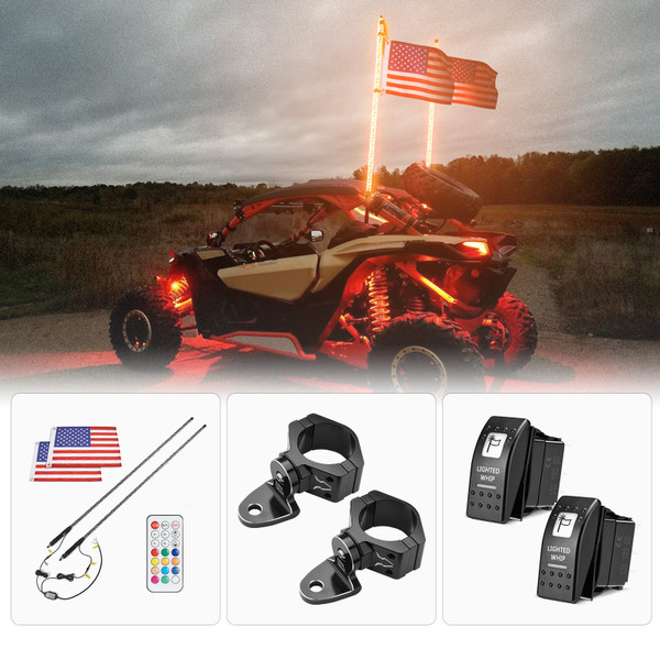 Spiral Whip Light Set - 2PCS Whip Light & Flag mount / 12V Switch On-off by Kemimoto