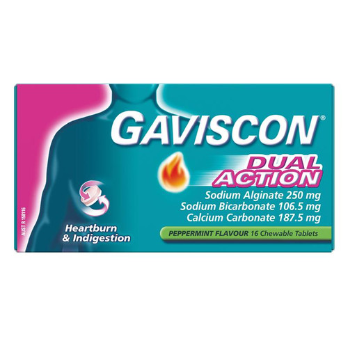 Gaviscon Dual Action Chewable Tablets Peppermint Heartburn & Indigestion Relief 16 Pack