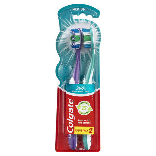 Colgate 360 Whole Mouth Clean Toothbrush Medium 2 Pack