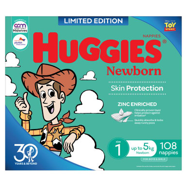 Huggies Nappies Newborn Unisex Up to 5kg Jumbo 108 Pack