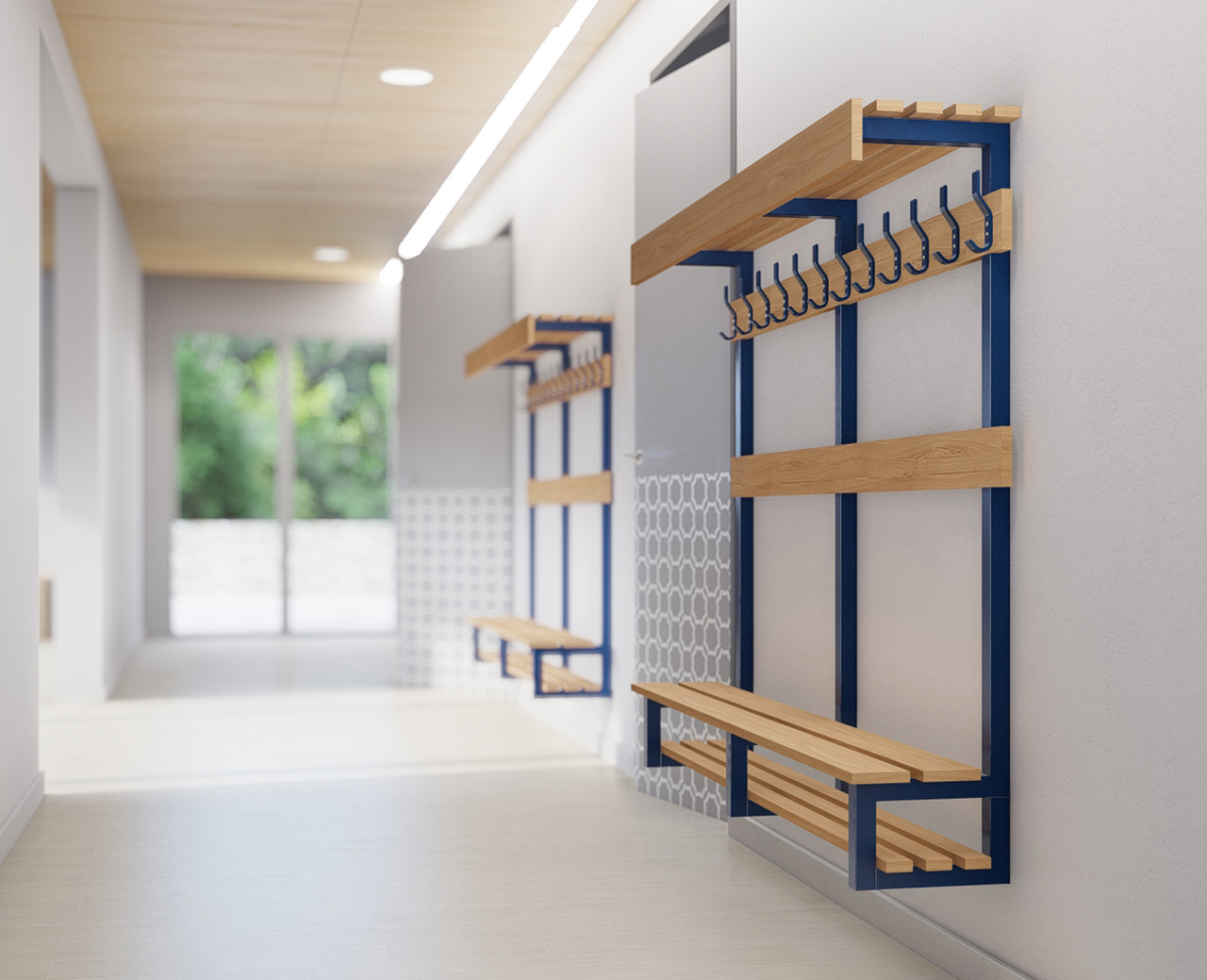 Wall Mounted Locker Room Bench Island Bench With Shelf Over, Peg Rail