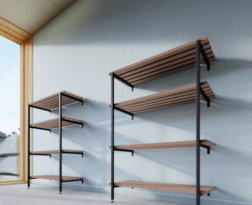 Two BOYCO 4-tier slatted wall and floor fixed shelving systems in black, measuring 1000 mm long by 400 mm deep, featuring eight open shelves supported by vertical slats, ideal for versatile storage. Two BOYCO 4-tier slatted wall and floor fixed shelving systems in black, measuring 1000 mm long by 400 mm deep, featuring eight open shelves supported by vertical slats, ideal for versatile storage.