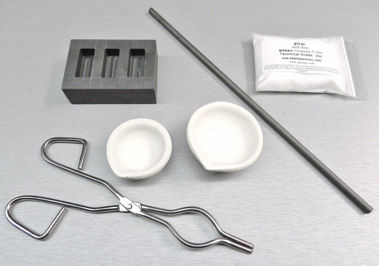Melting Kit Gold & Silver Crucibles Set Handle Carbon Rod Borax