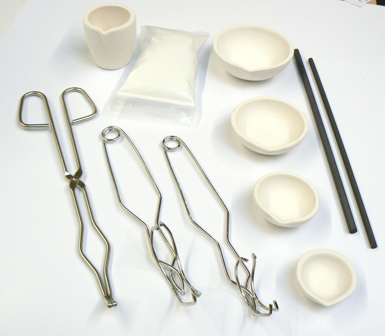 500 Gram Ceramic Silica Melting Crucible Set with Borax Tongs & Graphite  Stir Rod