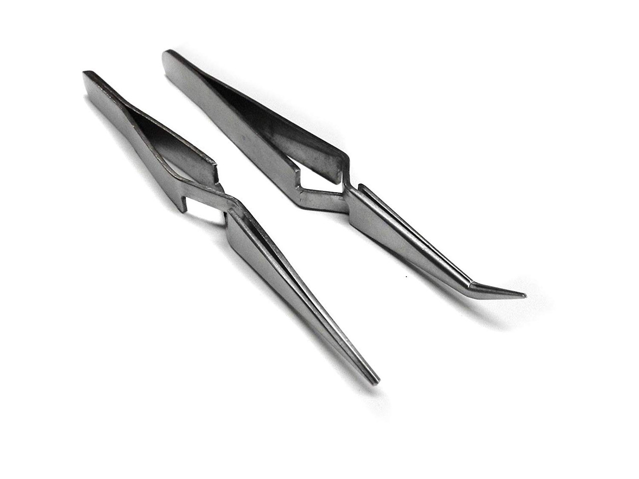 Cross Locking Tweezers Bent & Straight Reverse Action Stainless Steel 4-3/4 2pc (E 2)