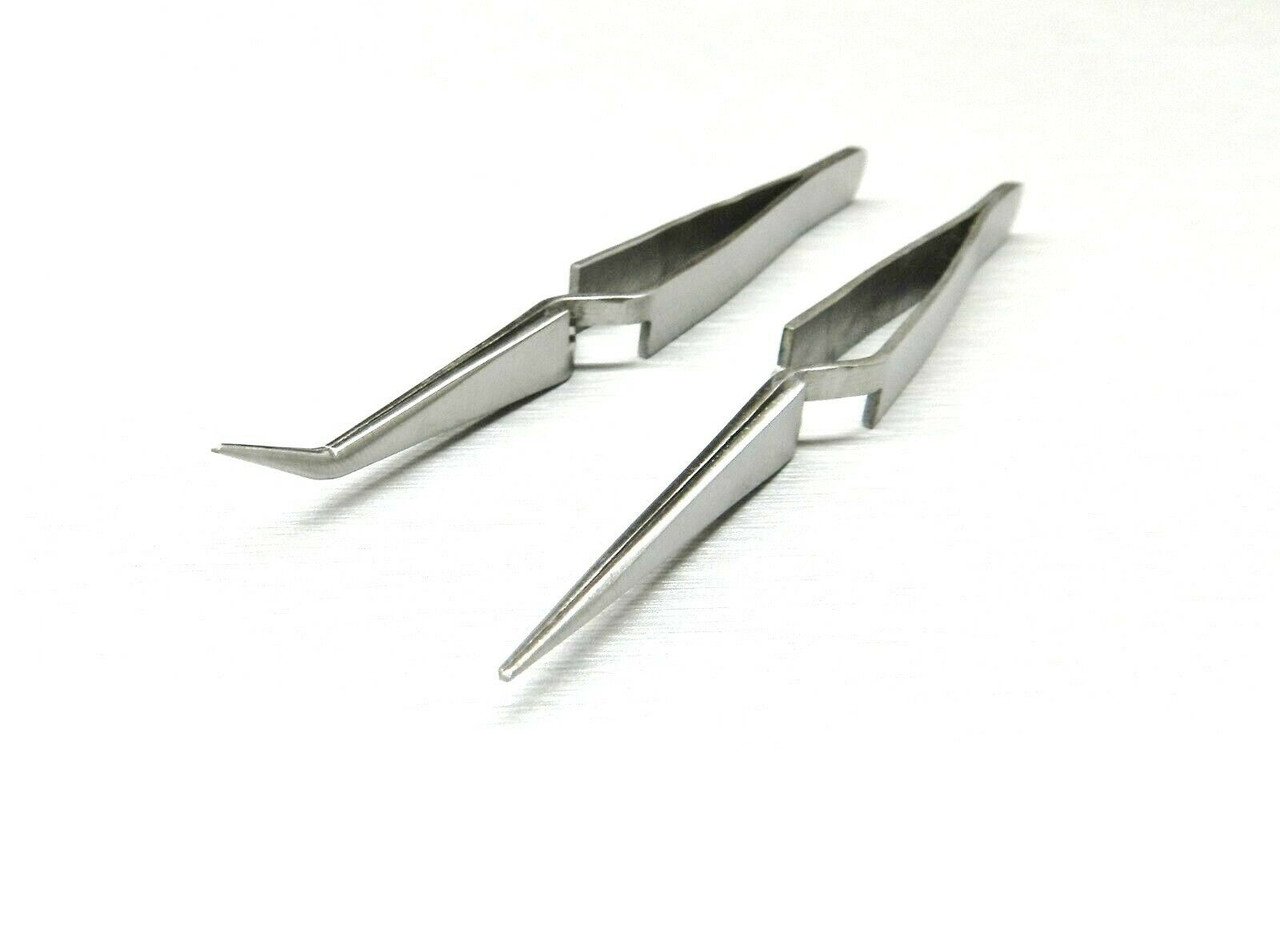 Cross Locking Tweezers Bent & Straight Reverse Action Stainless Steel 4-3/4 2pc (E 2)