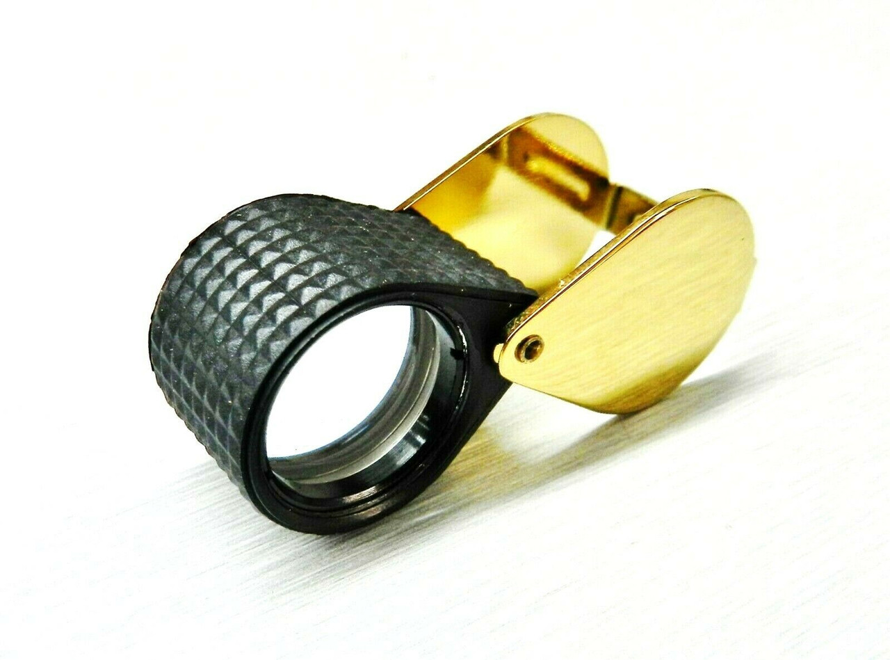 Jewelers Loupe Triplet 10X Black Rubber Grip & Gold Case 18mm with Leather Case