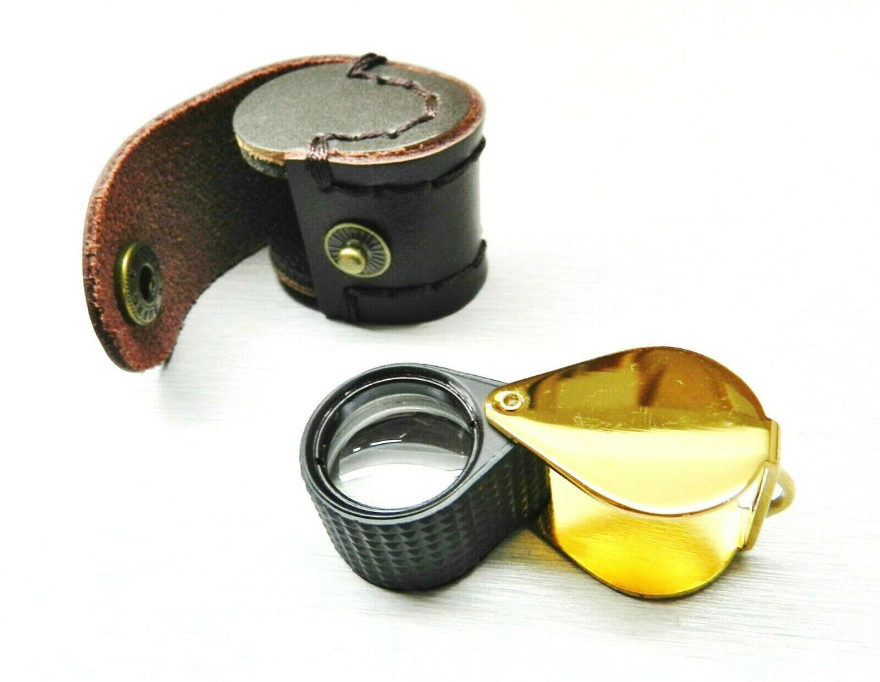 Jewelers Loupe Triplet 10X Black Rubber Grip & Gold Case 18mm with