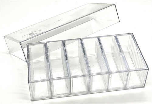 Clear Plastic Bur Box Holder Organizer with 6 Compartments Holds 72 Packs German