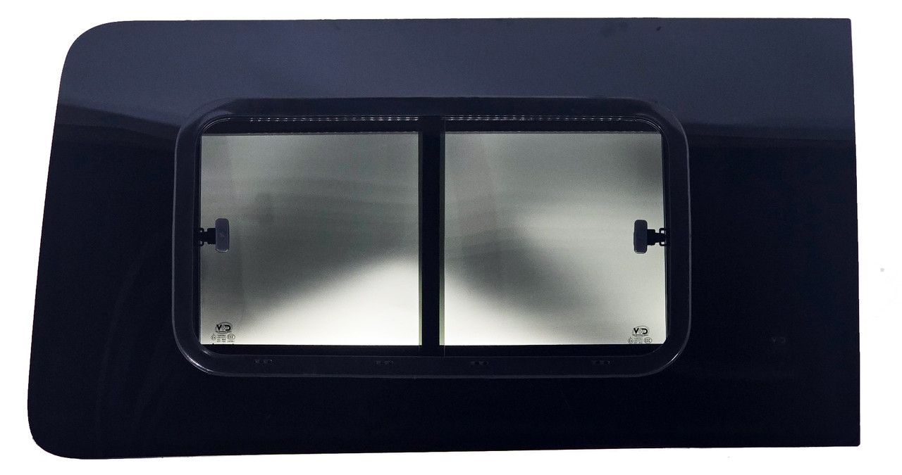 Ford Transit driver side forward double sliding window TL201-DS with solar privacy glass, integrated screen, and retractable shade