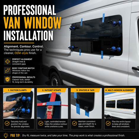 Professional Van Window Installation: How Suction Clamps, Ratchet Straps, and Precision Alignment Create a Cleaner Finished Look