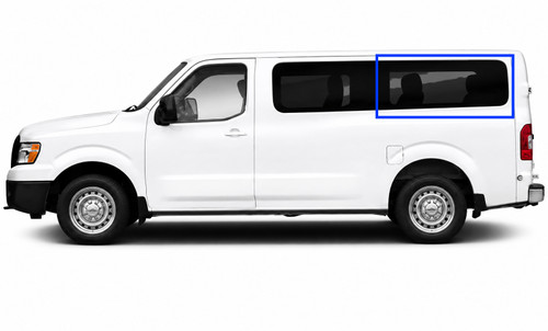 Nissan NV1500 driver side rear quarter window, Nissan NV2500 rear quarter glass, Nissan NV3500 driver side quarter window, Nissan NV full size van side glass, Nissan NV solid glass window, Nissan NV privacy glass window, Nissan NV camper van window, Nissan NV conversion van glass, Nissan NV fixed glass replacement, AM Auto Nissan NV window, AMA Nissan NV window, Nissan NV urethane bonded glass.
