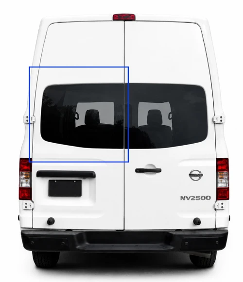 Nissan NV rear cargo door window, Nissan NV driver side rear door glass, Nissan NV van window, Nissan NV full size van glass, AMA Nissan NV window, AM Auto Nissan NV window, Nissan NV solid glass window, Nissan NV privacy glass window, urethane bonded van window.