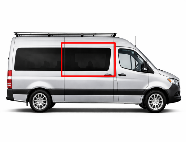 Sprinter sliding door window, Sprinter van fixed glass, OEM-style Sprinter window, Sprinter solar privacy glass, Sprinter high-roof window, Sprinter low-roof window, urethane bonded van window, DOT-approved van window, tempered safety glass, Sprinter camper van window, Sprinter van conversion, adventure van windows, Sprinter work van window, factory fit Sprinter window, van life window upgrade, tinted van window, Sprinter van rear window, Sprinter passenger window, solar heat-reducing window, van privacy glass  SR101-F
