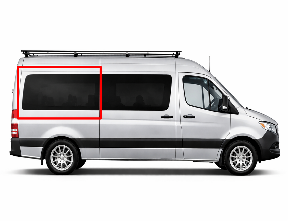 VWD SR104-F solid fixed glass OE style window for Mercedes Sprinter passenger side rear quarter 144 wheelbase