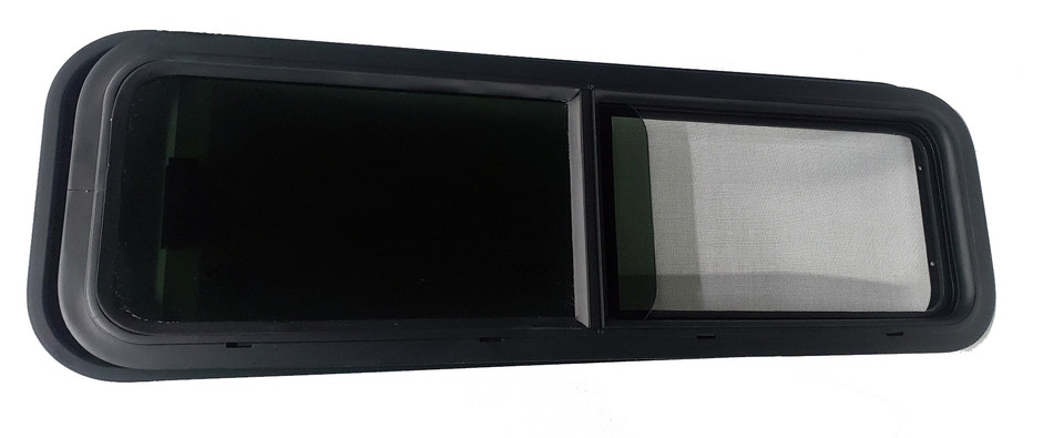 VWD VW3310L driver side half slider bunk window OD 34 x 11 with solar privacy glass and bug screen