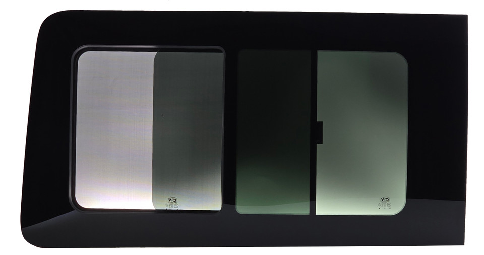 Ford Transit driver side forward half slider window TL201-SE with solar privacy glass and built-in bug screen