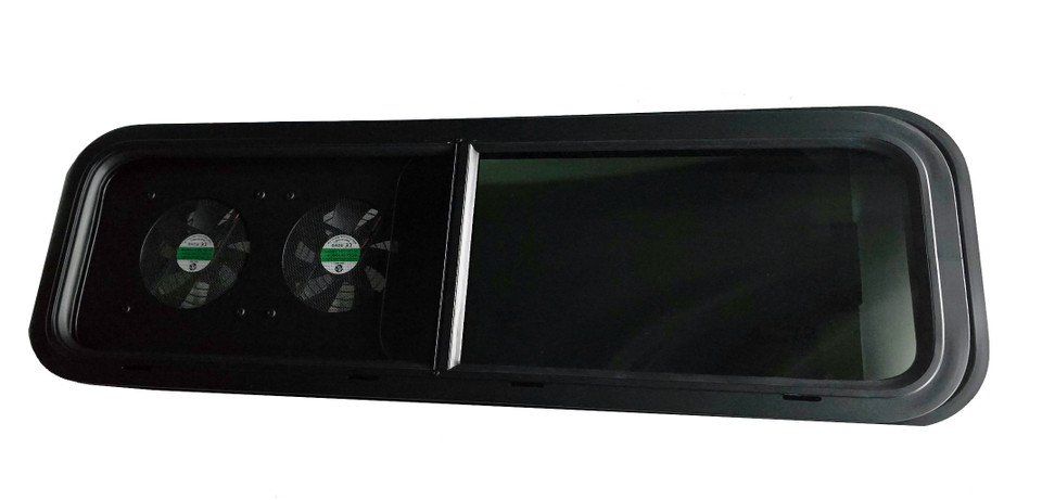 VWD VW3310RF passenger side half slider bunk window with dual 12V exhaust fans OD 34 x 11