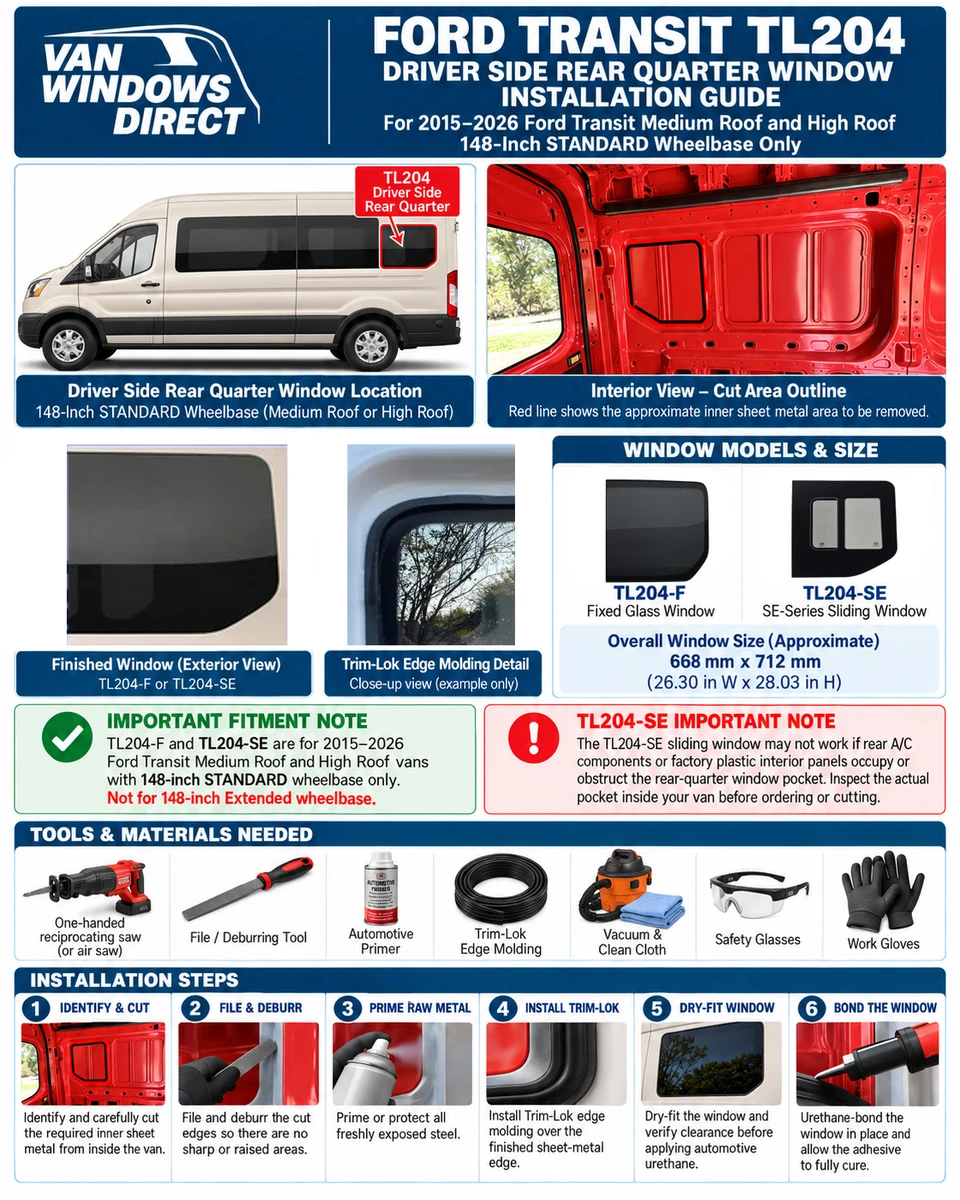 Ford Transit TL204 driver side rear quarter window installation guide