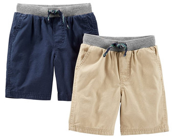 Canvas shorts with knit elastic waist band and functional draw cords.