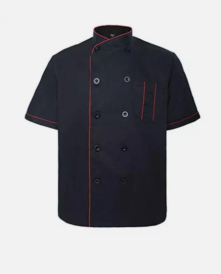 TopTie Unisex Short Sleeve Chef Coat Jacket, Black with Red - (Sz XL)