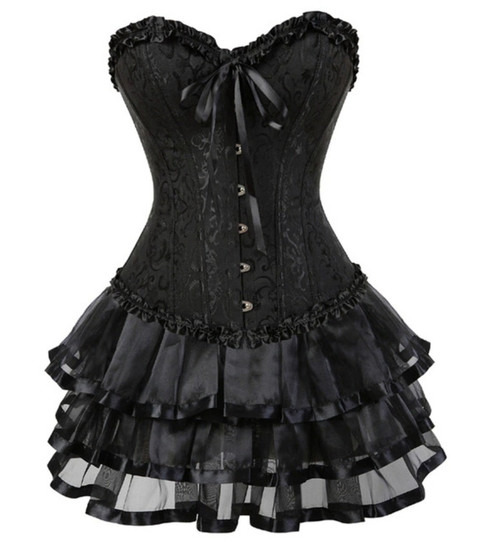 Black Ruffle Trims Floral Overbust Corset With Tutu and Thong - (Sz Sm)