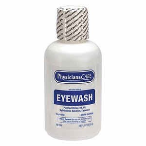 PICTURE OF A 16 OUNCE BOTTLE OF EYE WASH SOLUTION BY PHYSICIAS CARE