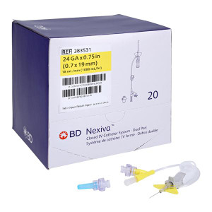CATHETER, NEXIVA CLOSED IV SYSTEM W/ DUAL PORT, 24G X .75 IN, YELLOW , 20/BX