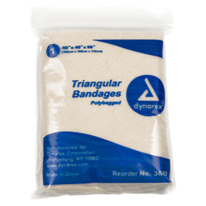 Dynarex Triangular Bandage, individually wrapped, sterile, in packaging, white and blue color PACKAGING.