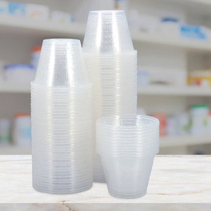 Henry Schein plastic medicine cups, 1oz, graduated, 100/bg, clear and stackable medical cups.