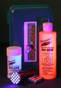 GLO GERM OIL KIT WITH 21 LED UV FLASHLIGHT 8OZ OIL BOTTLE 1.9OZ GERM POWDER 3 BATTERIES