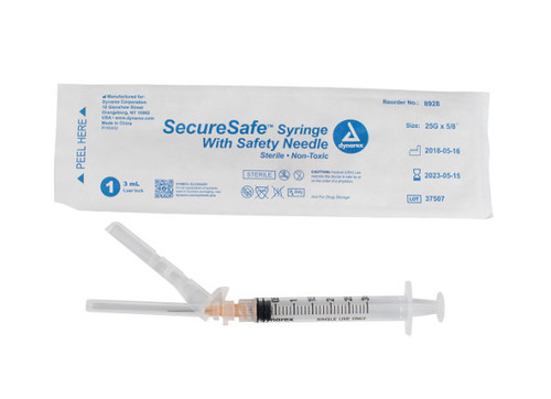 SYRINGE, SECURESAFE, WITH SAFETY NEEDLE, 25G, 5/8 IN NEEDLE, 3CC, ORANGE