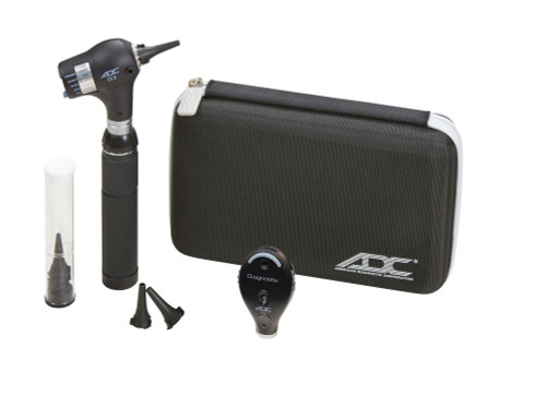 PICTURE OF AN OPHTHALMOSCOPE AND OTOSCOPE SET BY ADC NEXT TO A HARD CASE AND ATTACHMENTS