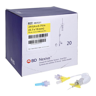 CATHETER, NEXIVA CLOSED IV SYSTEM W/ DUAL PORT, 24G X .75 IN, YELLOW , 20/BX