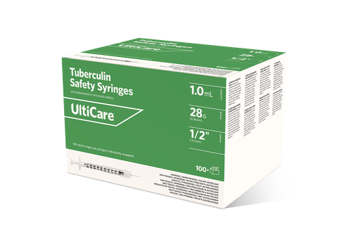 SYRINGE, SAFETY, FIXED NEEDLE, TUBERCULIN, 1ML, 28G X 1/2", 100/BX