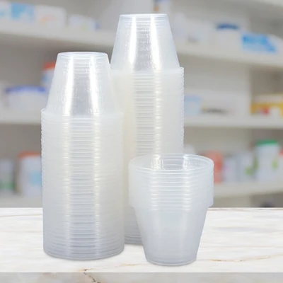 Henry Schein plastic medicine cups, 1oz, graduated, 100/bg, clear and stackable medical cups.