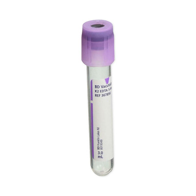 VACUTAINER BLOOD COLLECTION TUBE K2 EDTA PLASTIC LAVENDER HEMOGARD CLOSURE PAPER LABLE 13X75MM 3ML 5.4MG100 BX